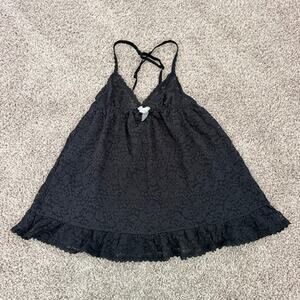 Victoria's Secret Black Lace Babydoll Nightie Set Women's Medium Ruffle Bows